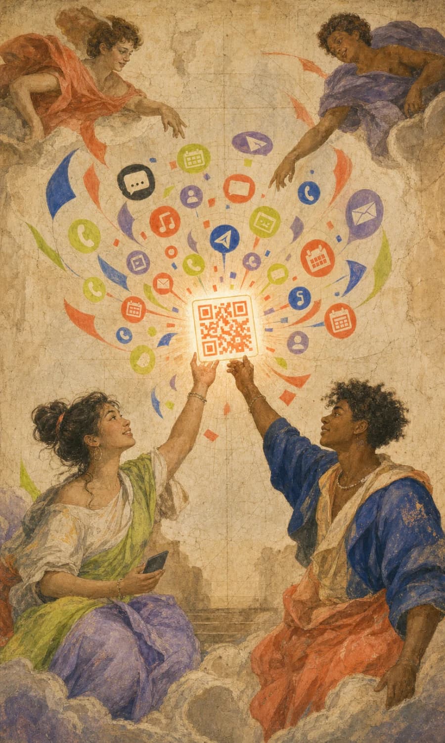 Two people exchanging context with one scan